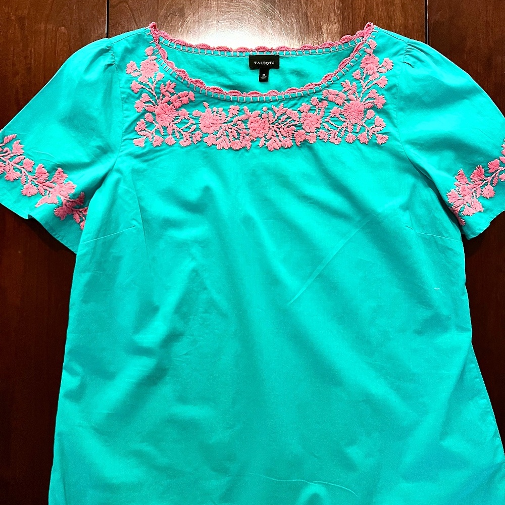 Talbots Green & Pink Embroidered Top